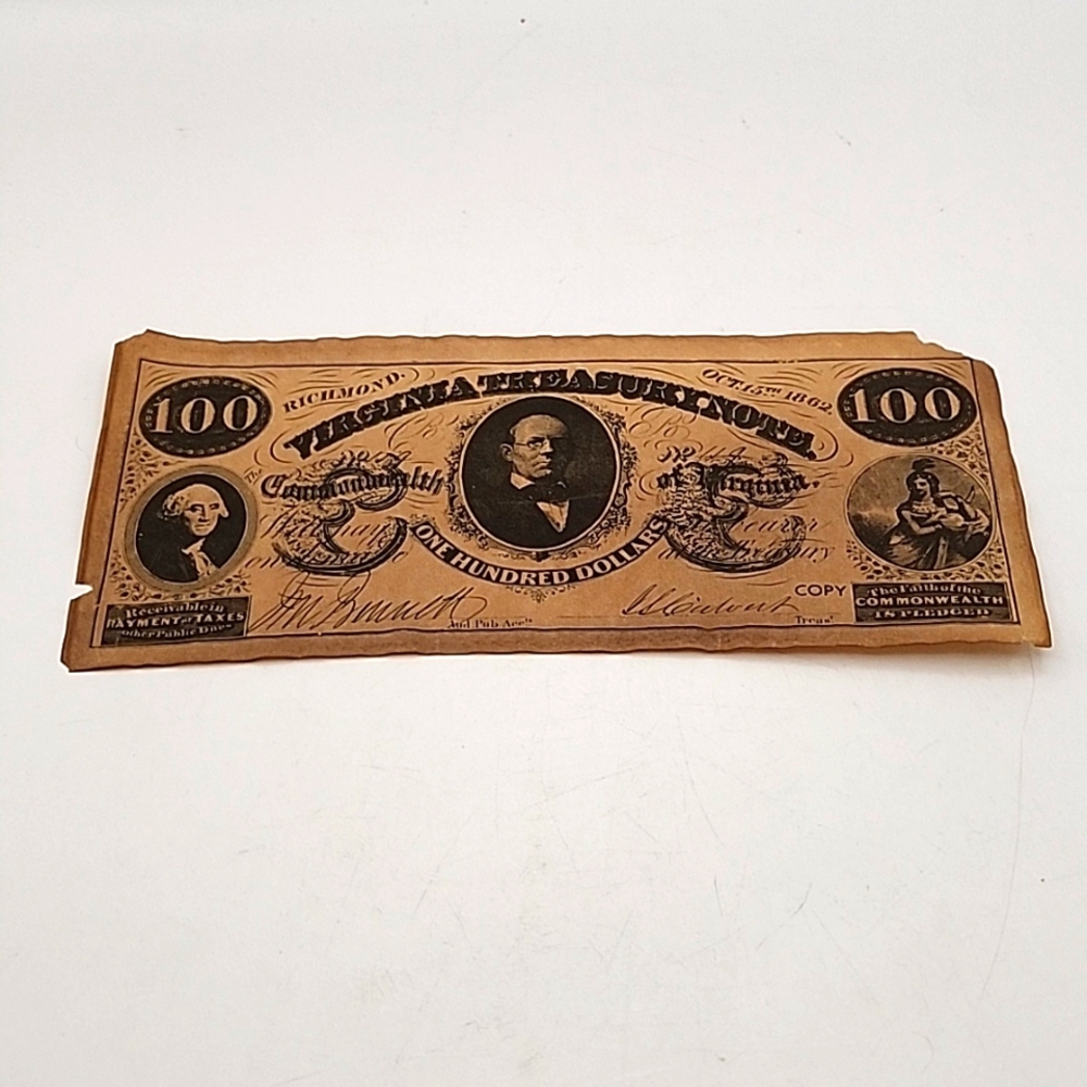 1862 100 Dollar Virginia Treasury Note Copy